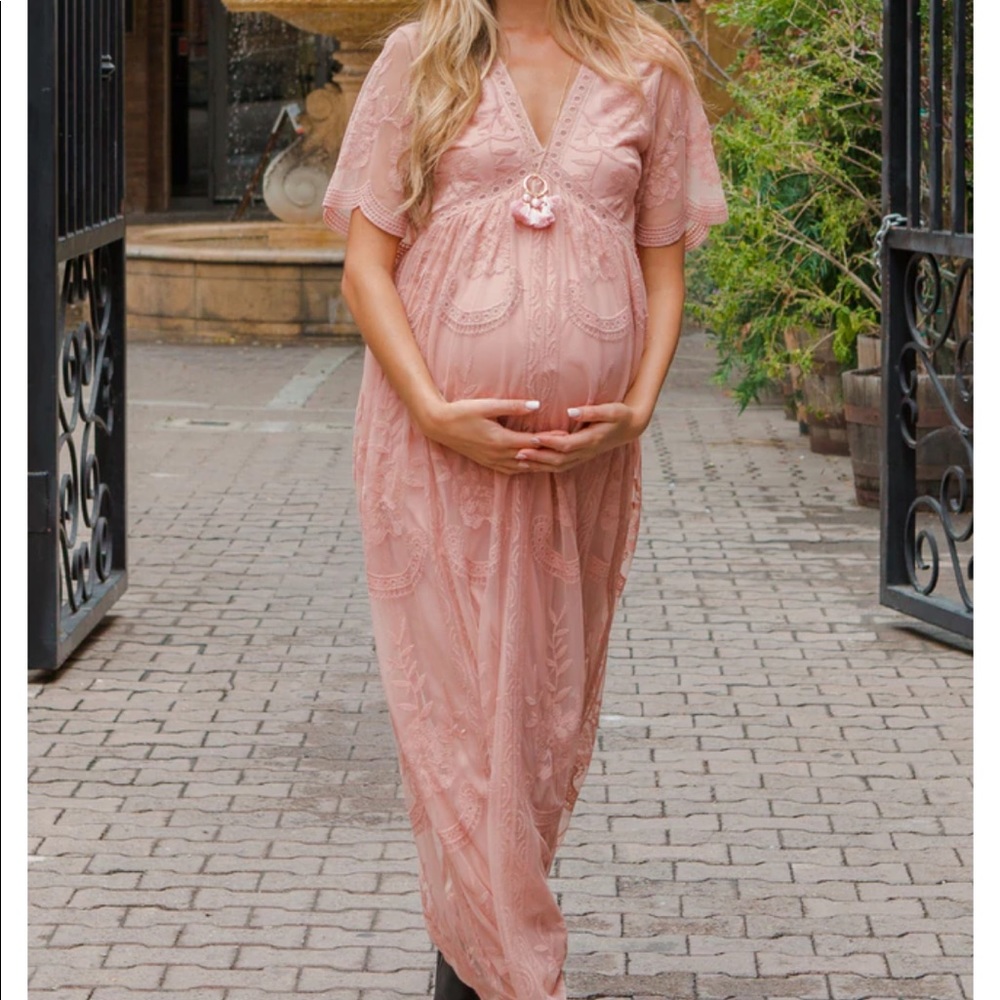 PINKBLUSH Women’s Pink Lace Mesh Overlay Maternity Maxi Dress Size M